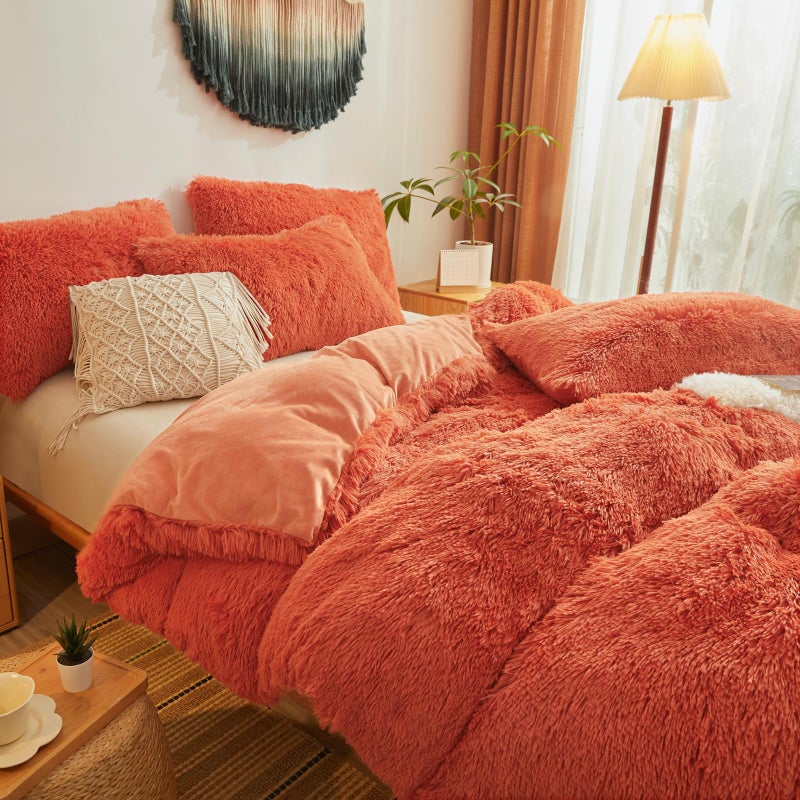 Besfunny Furry Fluffy Terracotta Comforter Cover Queen Set - Faux Fur Furry Terracotta Bedding 3-Piece Set (1 Duvet Cover + 2 Furry Pillow Shams) Cozy Bed Set - Image 4
